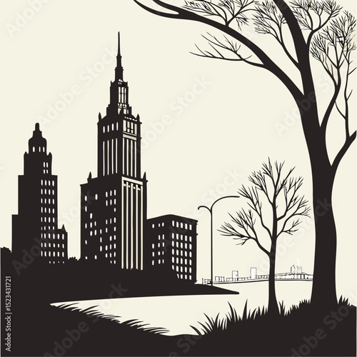 Warsaw cityscape silhouette elegant buildings trees bridge
