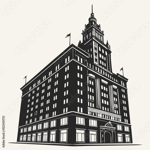 Grand urban building architectural illustration black and white