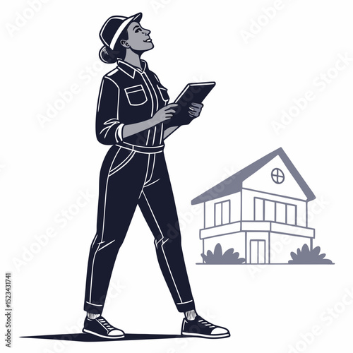 Woman architect house plan tablet happy smiling