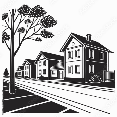 Suburban street scene black and white houses tree