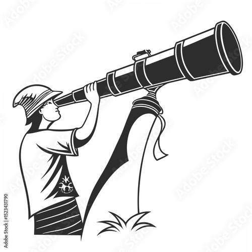 Young astronomer gazing through telescope isolated on white background