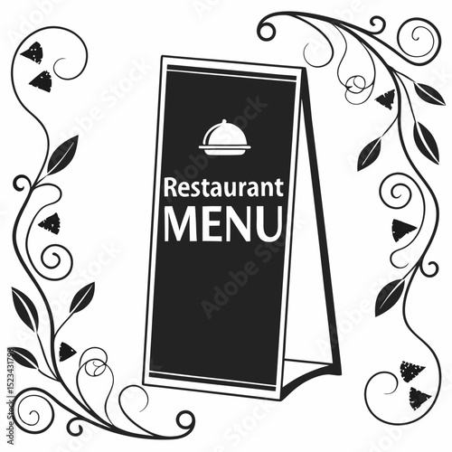 Restaurant menu stand black and white floral design