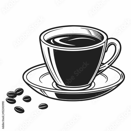 A cup of coffee on a saucer with coffee beans