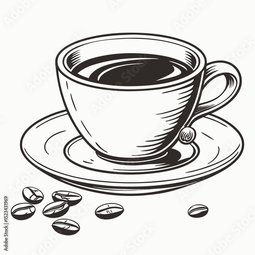 Hand drawn coffee cup saucer beans illustration