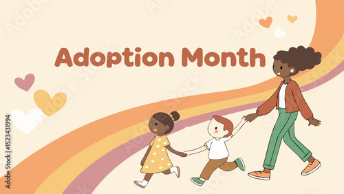Adoption Month Illustration Featuring Diverse Family Walking Together With Hearts And Colorful Background