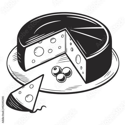 Delicious cheese wheel slice on plate with grapes