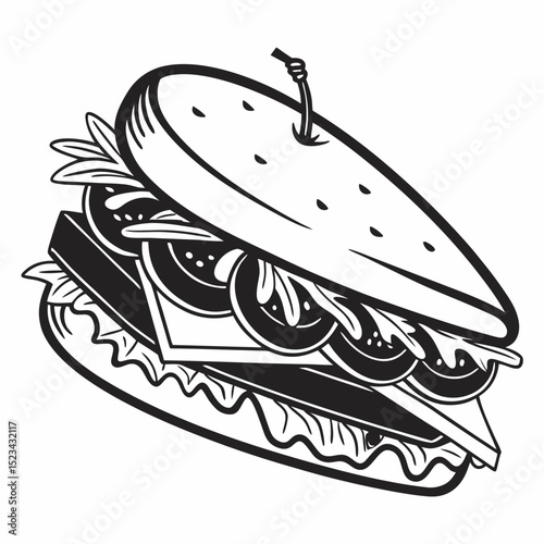 Delicious sub sandwich black and white illustration
