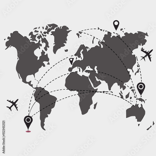 Global travel routes map illustration airplanes location pins worldwide journey