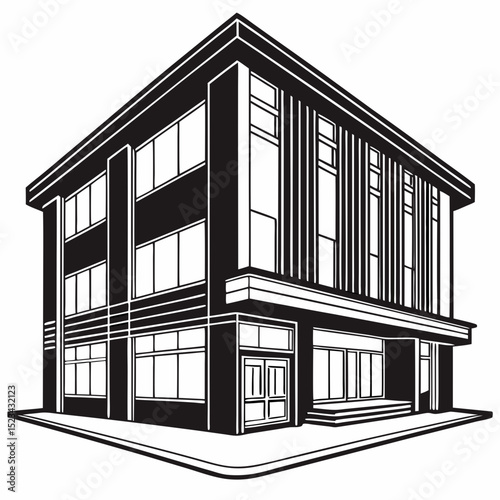 Modern commercial building architectural illustration black and white design