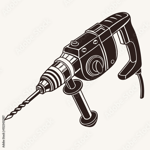 Rotary hammer drill tool construction equipment power tool black and white illustration