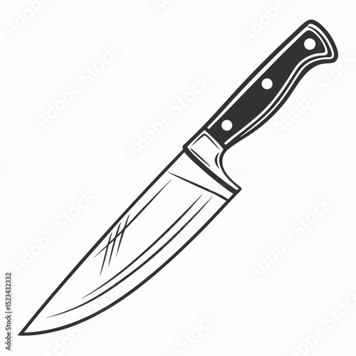 Chefs knife kitchen tool cooking utensil sharp blade black and white illustration