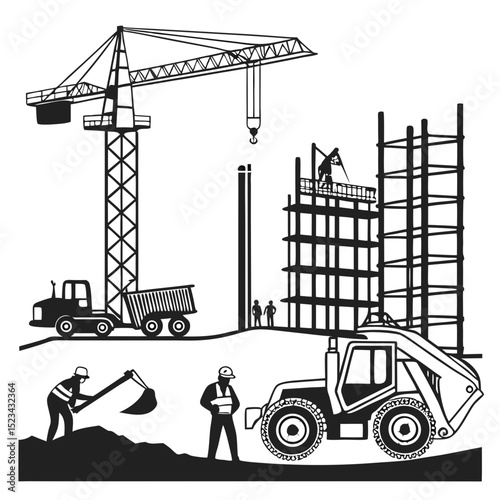 Construction site workers building a modern structure with heavy machinery