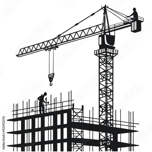 Construction site crane lifting building materials workers silhouette