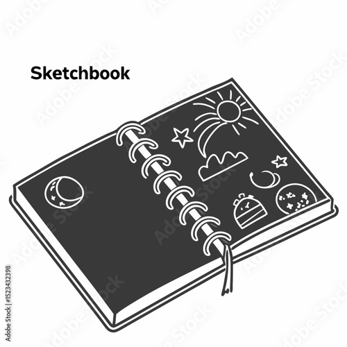 Open sketchbook with hand drawn celestial doodles sun moon stars