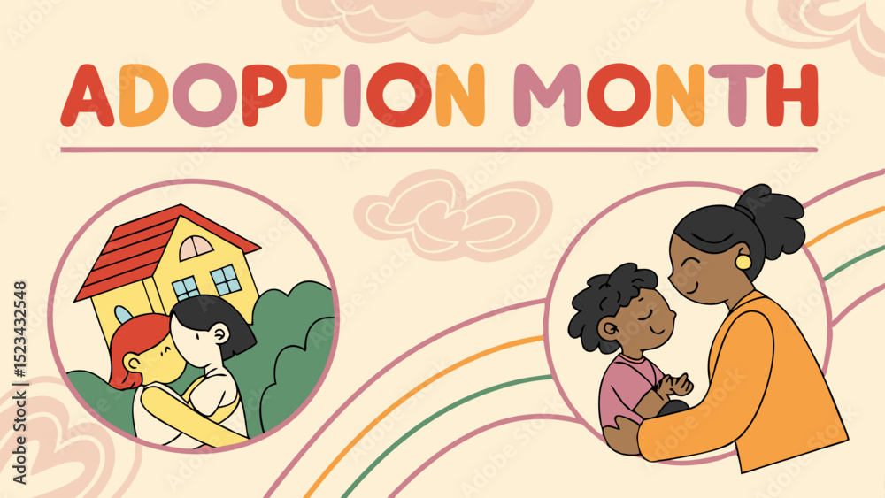 Fototapeta premium Adoption Month Poster Featuring Loving Family Portraits And Heart Illustrations To Celebrate Togetherness And Belonging