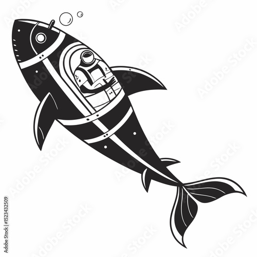 Astronaut in a steampunk shark submarine underwater adventure