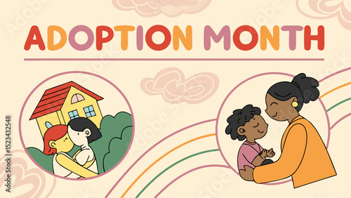 Adoption Month Poster Featuring Loving Family Portraits And Heart Illustrations To Celebrate Togetherness And Belonging

