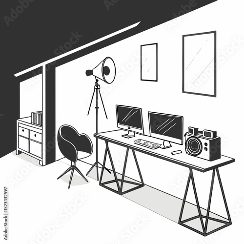 Modern minimalist home office workspace with photography equipment