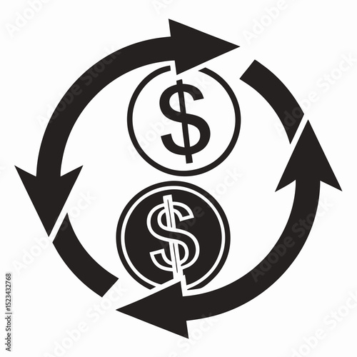 Circular arrows rotating around dollar signs representing financial flow
