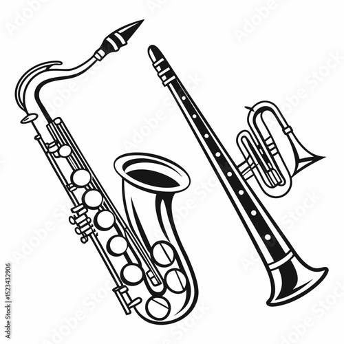 Saxophone and clarinet musical instruments black and white illustration