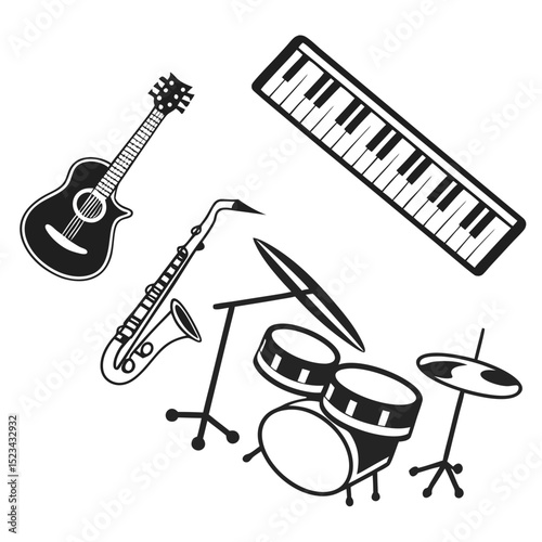 Musical instruments icons black and white guitar saxophone drums keyboard