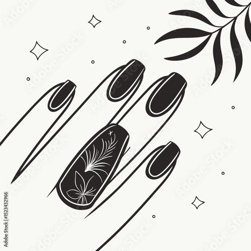 Elegant black and white nail art design with floral accent
