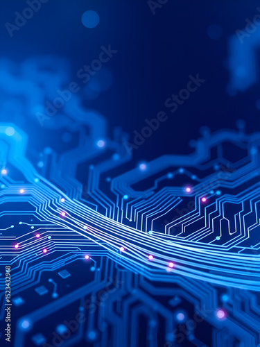 Abstract futuristic blue background with circle circuit wires on an electronics board. Artificial intelligence concept. A dark navy computer motherboard. Tech bg. AI chip. Digital vector illustration.