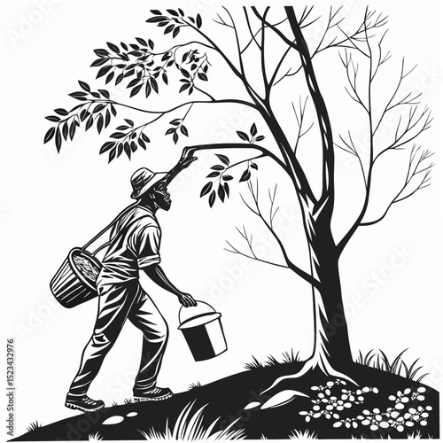 Man harvesting fruit from tree, black and white illustration, transparent background