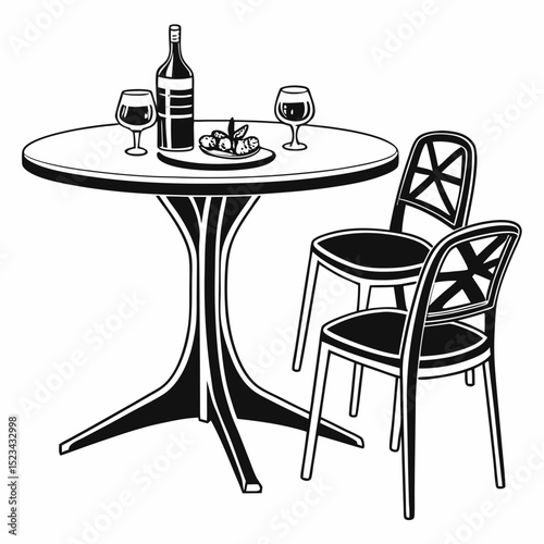 Romantic outdoor cafe table setting wine bottle glasses appetizers