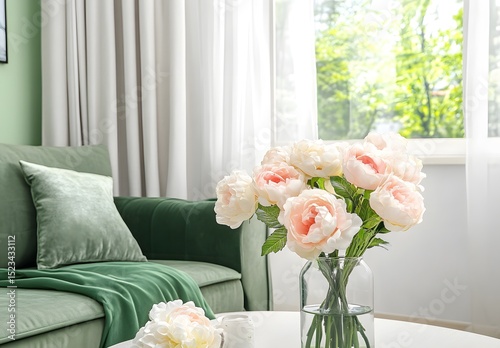 Fototapeta Naklejka Na Ścianę i Meble -  Soft pink peonies in a clear glass vase on a coffee table.
