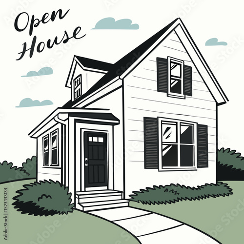 Charming suburban home open house welcome sign illustration
