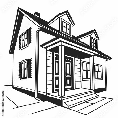 Suburban house black and white line art illustration home design