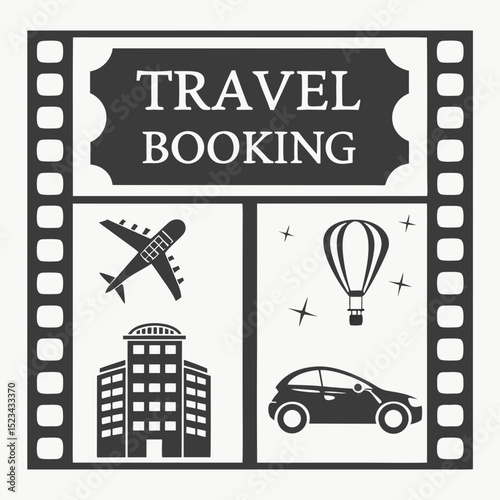 Travel booking film reel airplane hotel car hot air balloon