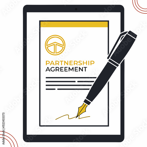 Digital tablet displaying partnership agreement with pen signature