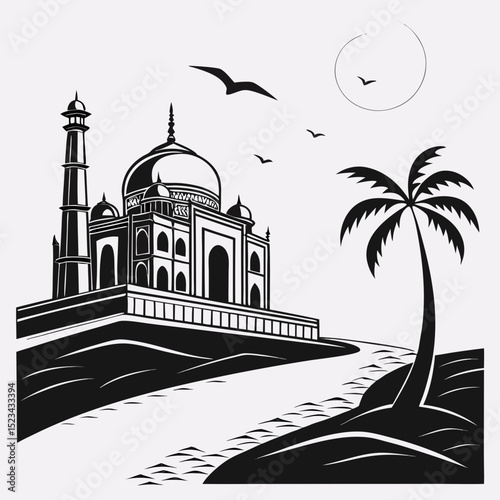Taj mahal india iconic landmark black and white illustration