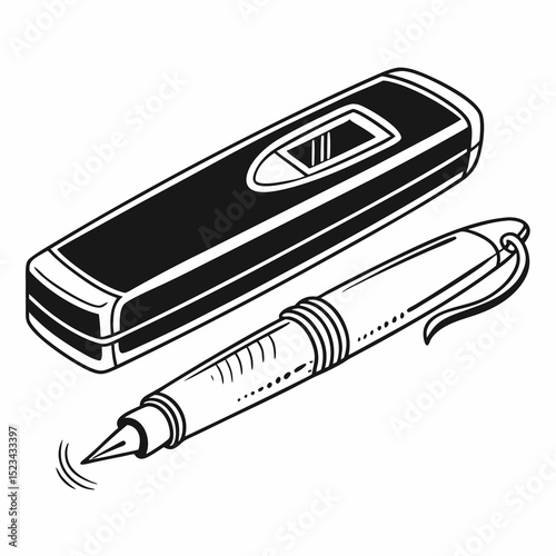 Laser level and fountain pen design illustration black and white