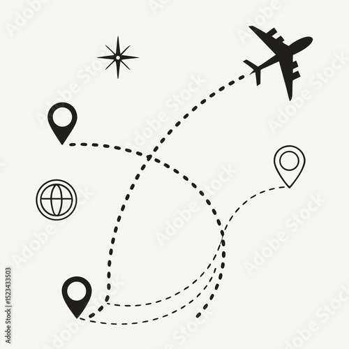 Airplane flight route map travel journey destination icons