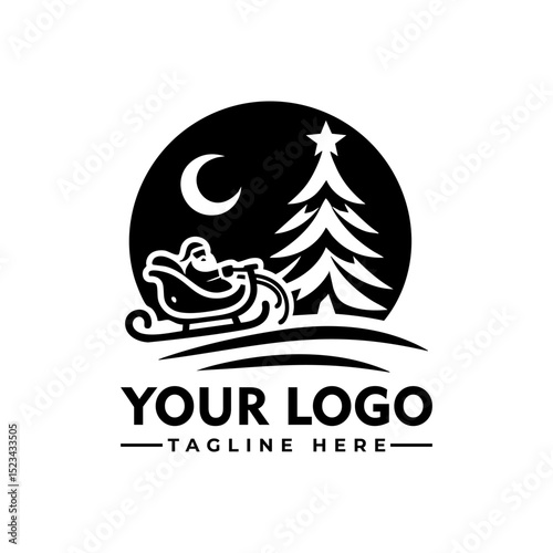 Santa Claus riding in sleigh beside Christmas tree in circular silhouette decorative holiday design. Christmas concept
