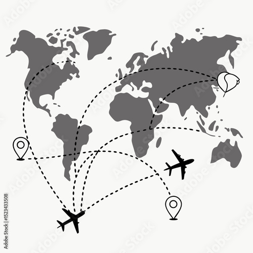 World map travel route airplane flight destinations global journey