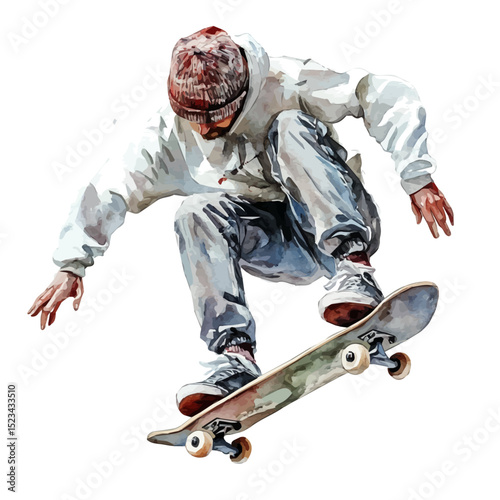 Skateboarding, watercolor painting vector, high quality, isolated on a white background.