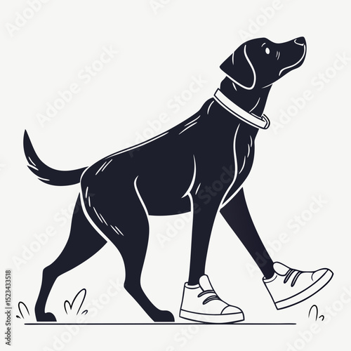 Black labrador retriever dog walking in sneakers