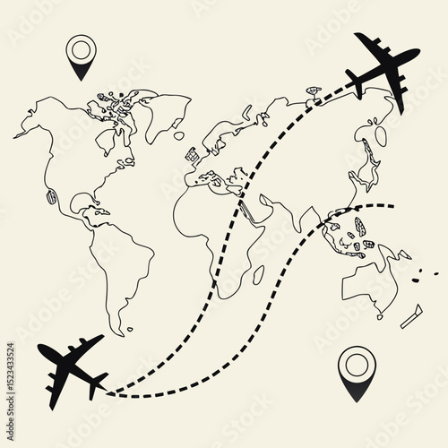 World map airplane flight route travel journey destination