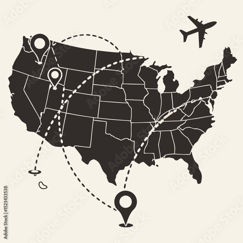 Airplane flight route across the united states map travel journey
