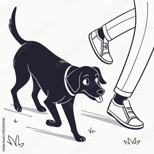 Black dog walking near persons feet happy dog
