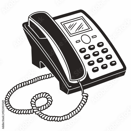Classic desk phone illustration black and white office communication device