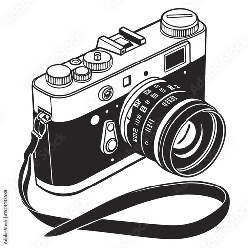 Vintage 35mm camera with strap black and white illustration