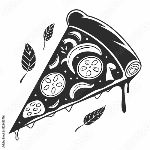 Delicious pizza slice with veggie toppings melted cheese basil leaves