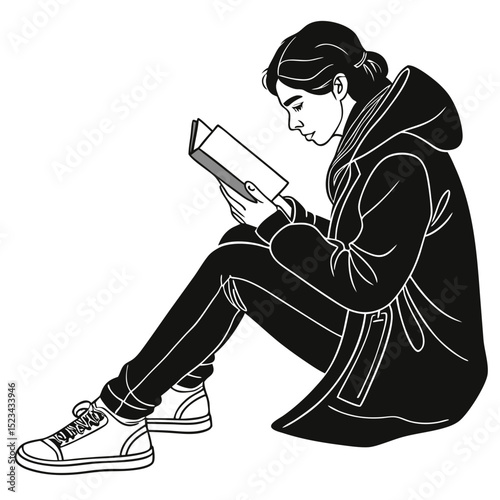 Young woman reading book, black and white illustration, transparent background
