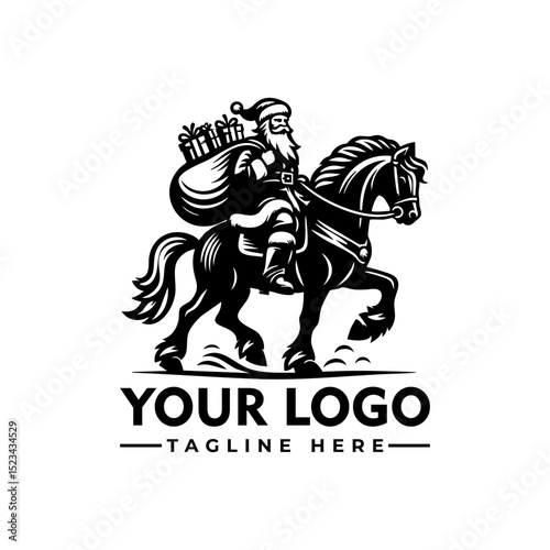Santa Claus riding a horse carrying a sack full of gifts, black and white cartoon vector illustration
