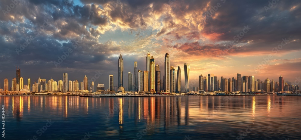 Fototapeta premium Panoramic view capturing the Dubai Marina skyline, reflecting beautifully on water at sunset, surrounded by dramatic clouds and vibrant colors